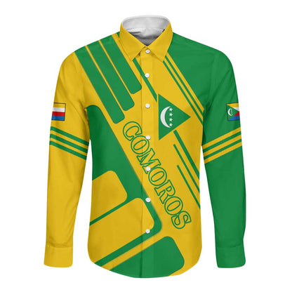 Comoros Flag Long Sleeve Button Shirt - Green and Yellow Design and National Emblem