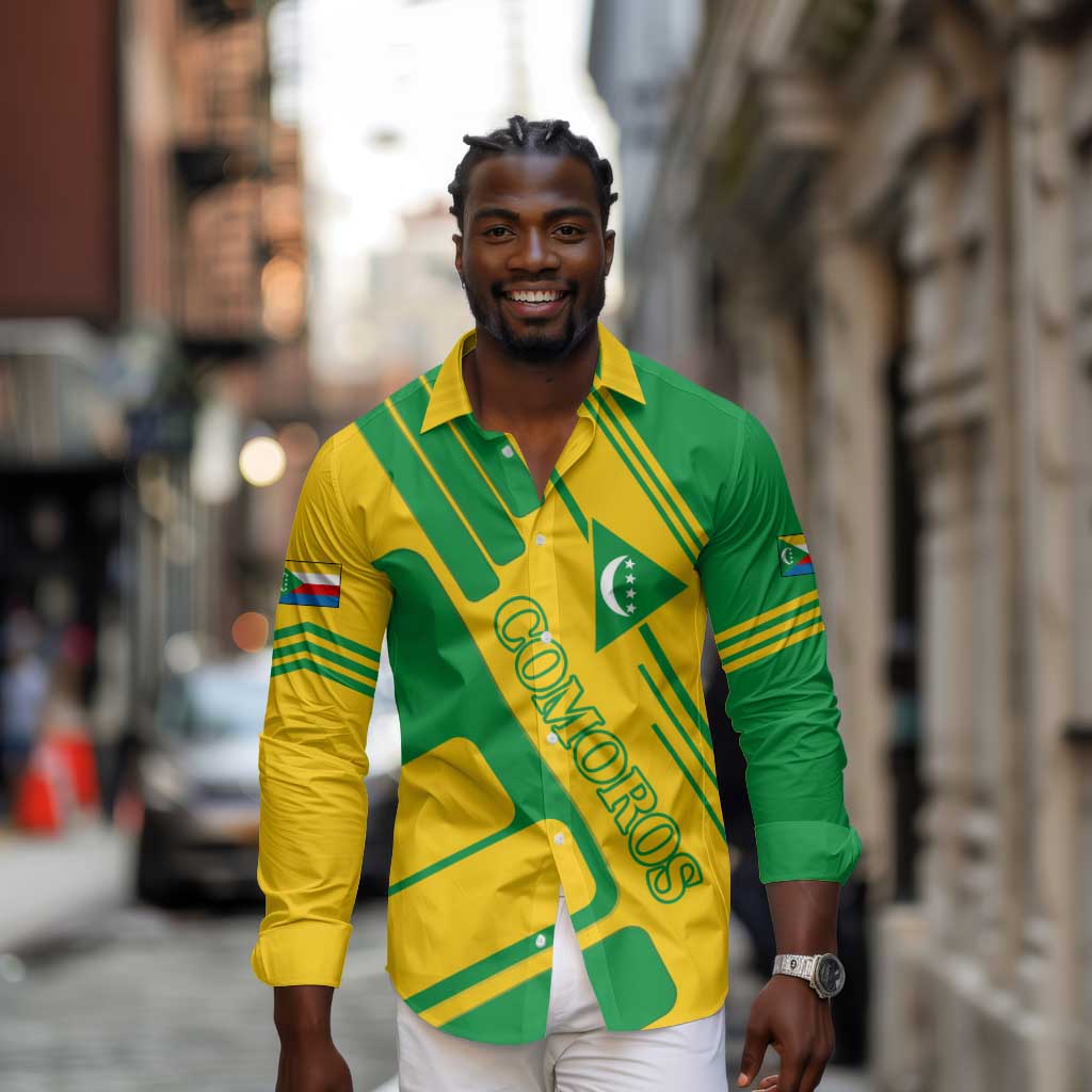 Comoros Flag Long Sleeve Button Shirt - Green and Yellow Design and National Emblem