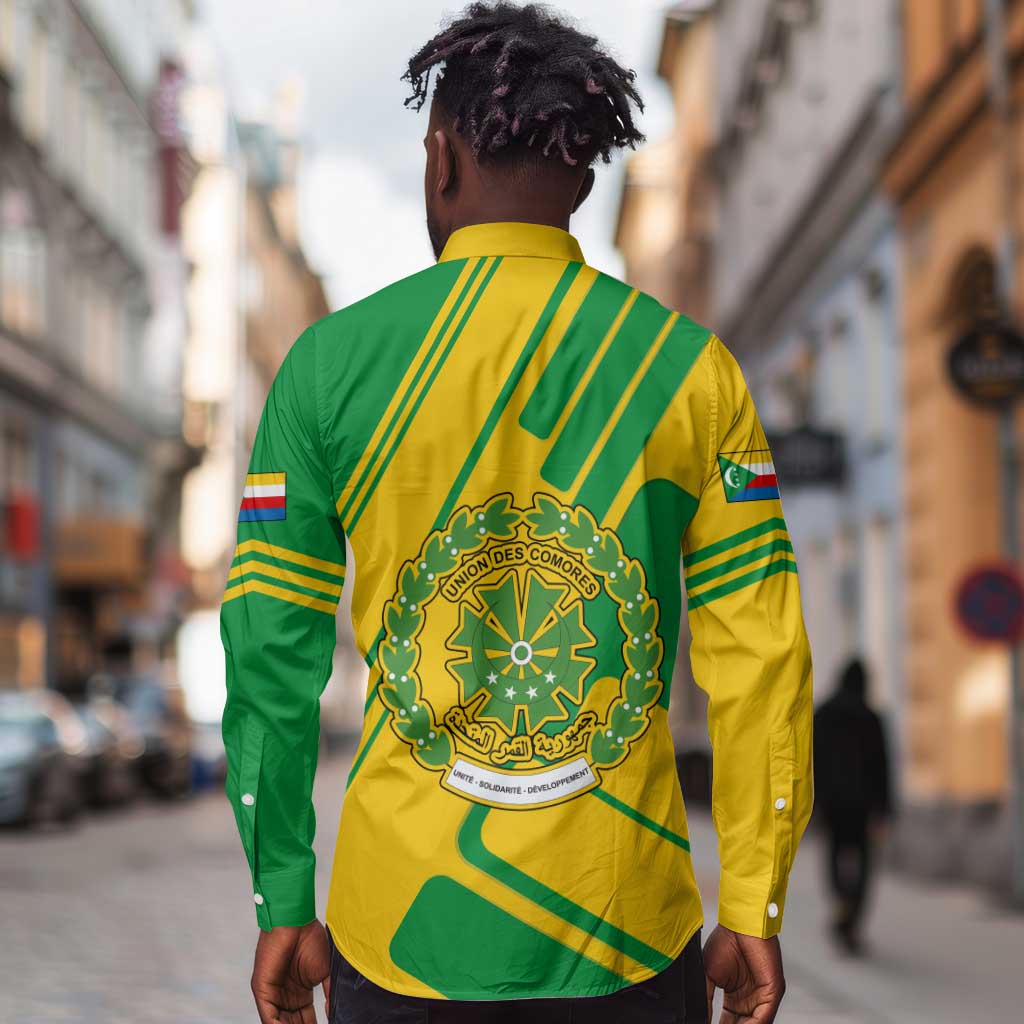 Comoros Flag Long Sleeve Button Shirt - Green and Yellow Design and National Emblem