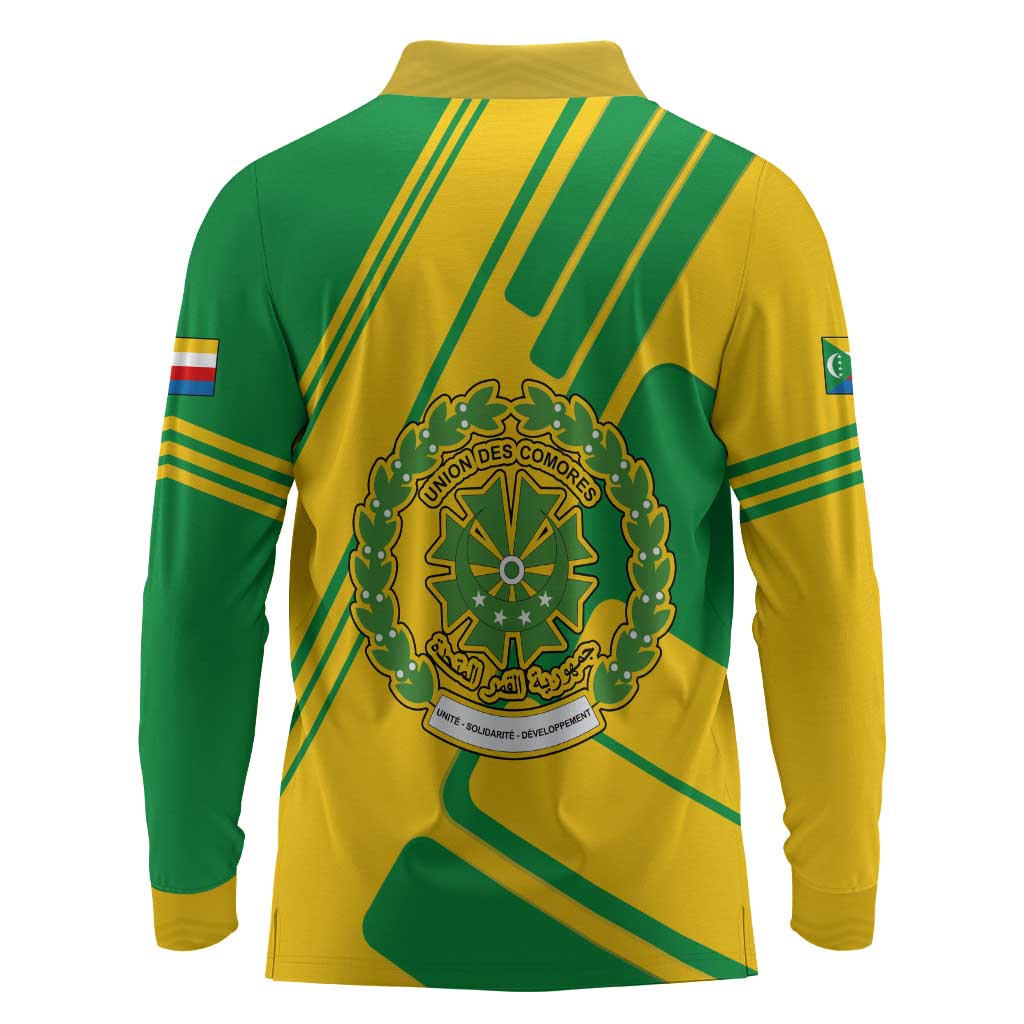 Comoros Flag Long Sleeve Polo Shirt - Green and Yellow Design and National Emblem