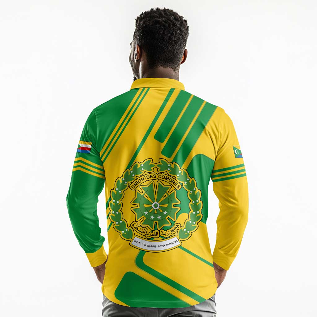 Comoros Flag Long Sleeve Polo Shirt - Green and Yellow Design and National Emblem