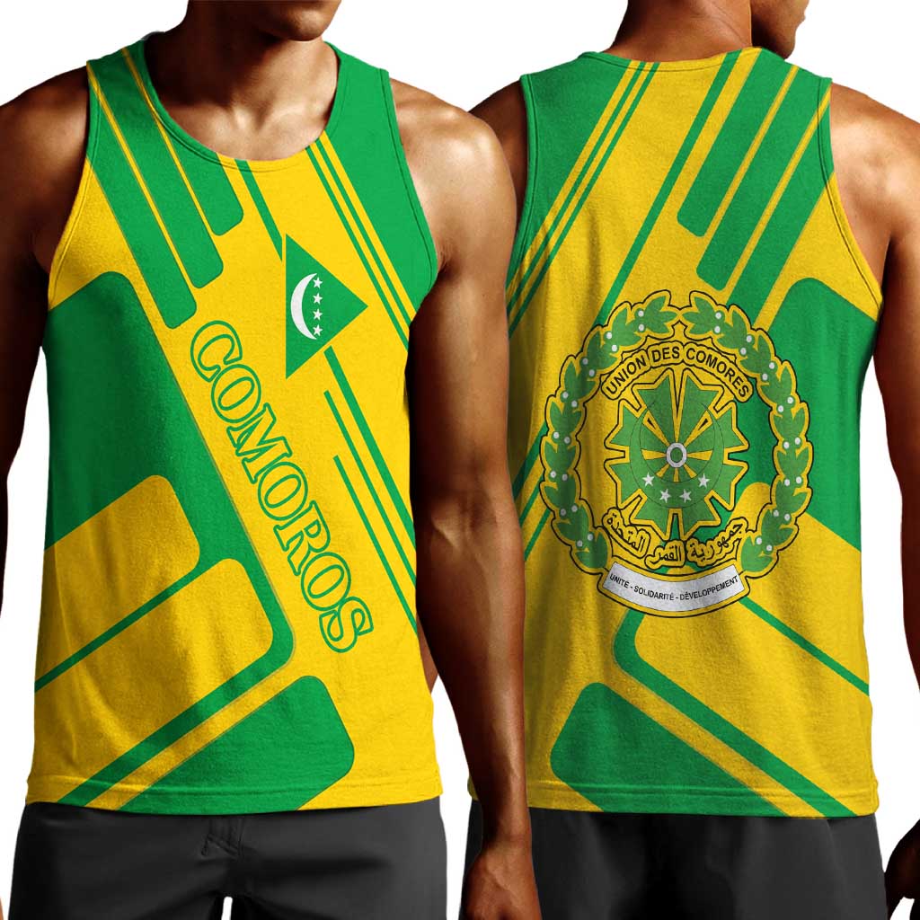 Comoros Flag Men Tank Top - Green and Yellow Design and National Emblem