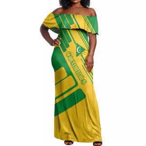 Comoros Flag Off Shoulder Maxi Dress - Green and Yellow Design and National Emblem