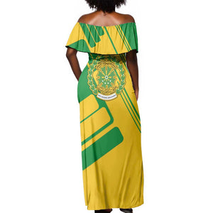 Comoros Flag Off Shoulder Maxi Dress - Green and Yellow Design and National Emblem