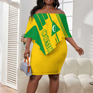 Comoros Flag Off Shoulder Short Dress - Green and Yellow Design and National Emblem