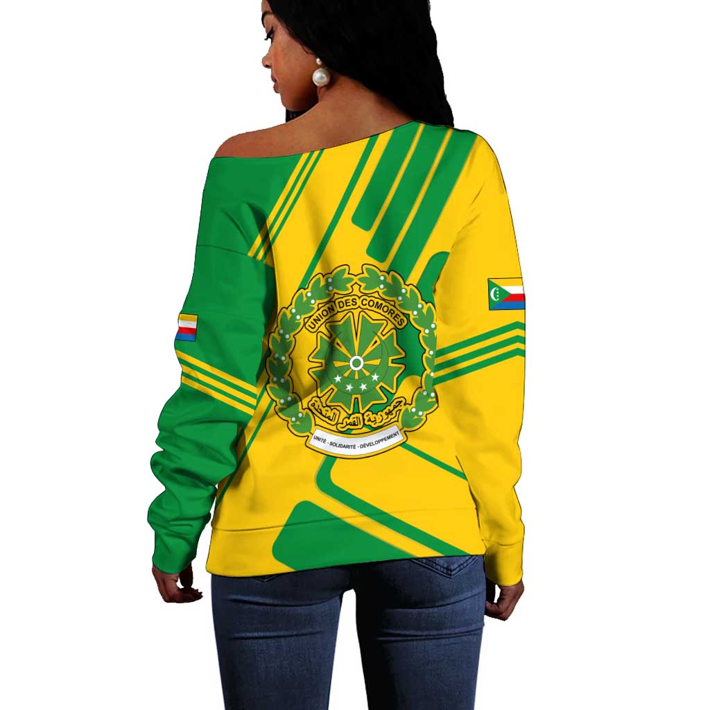 Comoros Flag Off Shoulder Sweater - Green and Yellow Design and National Emblem