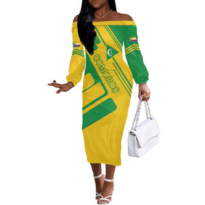 Comoros Flag Off The Shoulder Long Sleeve Dress - Green and Yellow Design and National Emblem