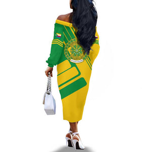 Comoros Flag Off The Shoulder Long Sleeve Dress - Green and Yellow Design and National Emblem