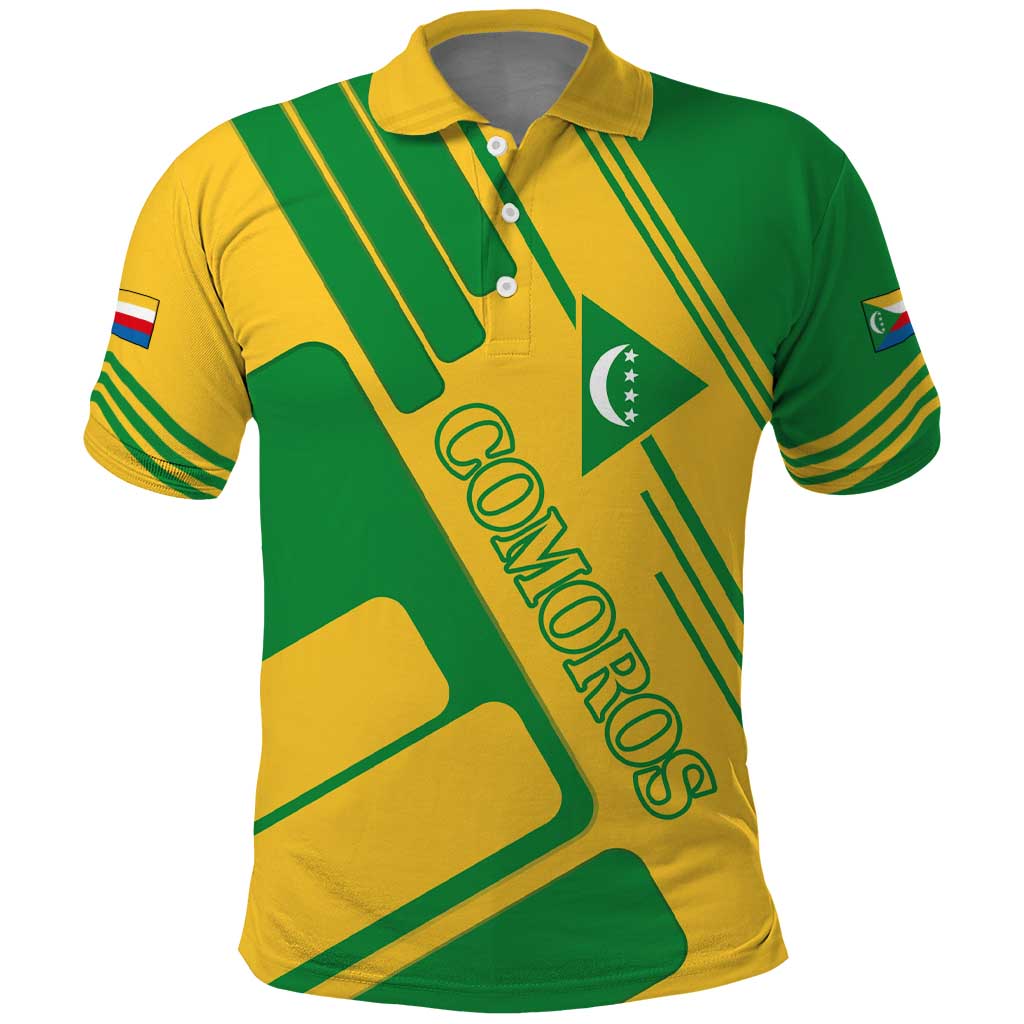 Comoros Flag Polo Shirt - Green and Yellow Design and National Emblem