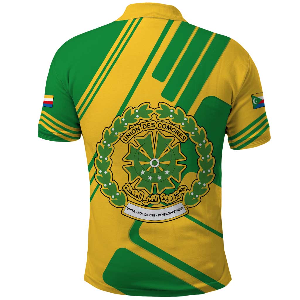 Comoros Flag Polo Shirt - Green and Yellow Design and National Emblem