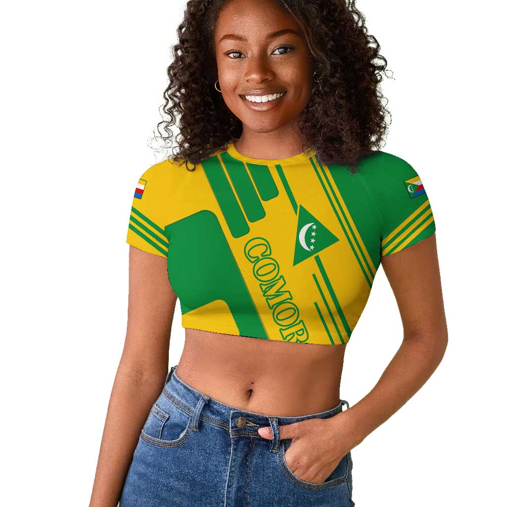 Comoros Flag Raglan Cropped T shirt - Green and Yellow Design and National Emblem