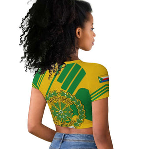 Comoros Flag Raglan Cropped T shirt - Green and Yellow Design and National Emblem