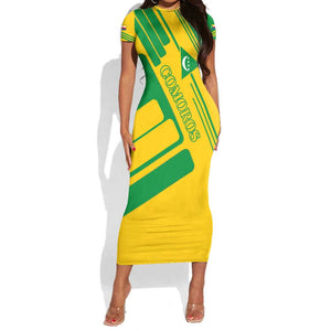 Comoros Flag Short Sleeve Bodycon Dress - Green and Yellow Design and National Emblem TS04
