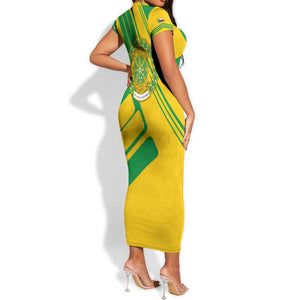 Comoros Flag Short Sleeve Bodycon Dress - Green and Yellow Design and National Emblem TS04