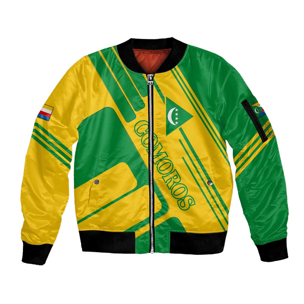 Comoros Flag Sleeve Zip Bomber Jacket - Green and Yellow Design and National Emblem