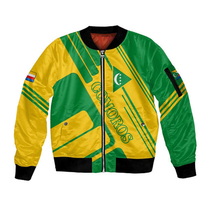 Comoros Flag Sleeve Zip Bomber Jacket - Green and Yellow Design and National Emblem