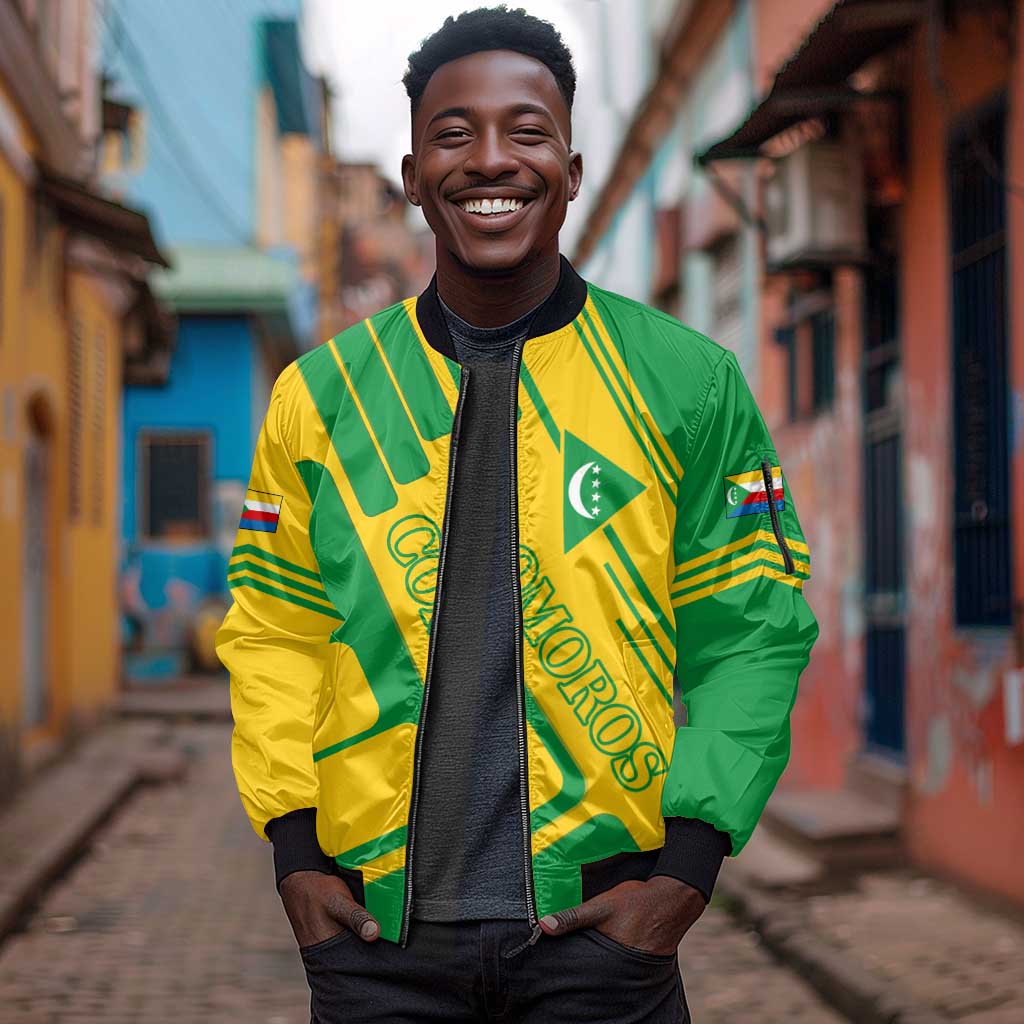 Comoros Flag Sleeve Zip Bomber Jacket - Green and Yellow Design and National Emblem