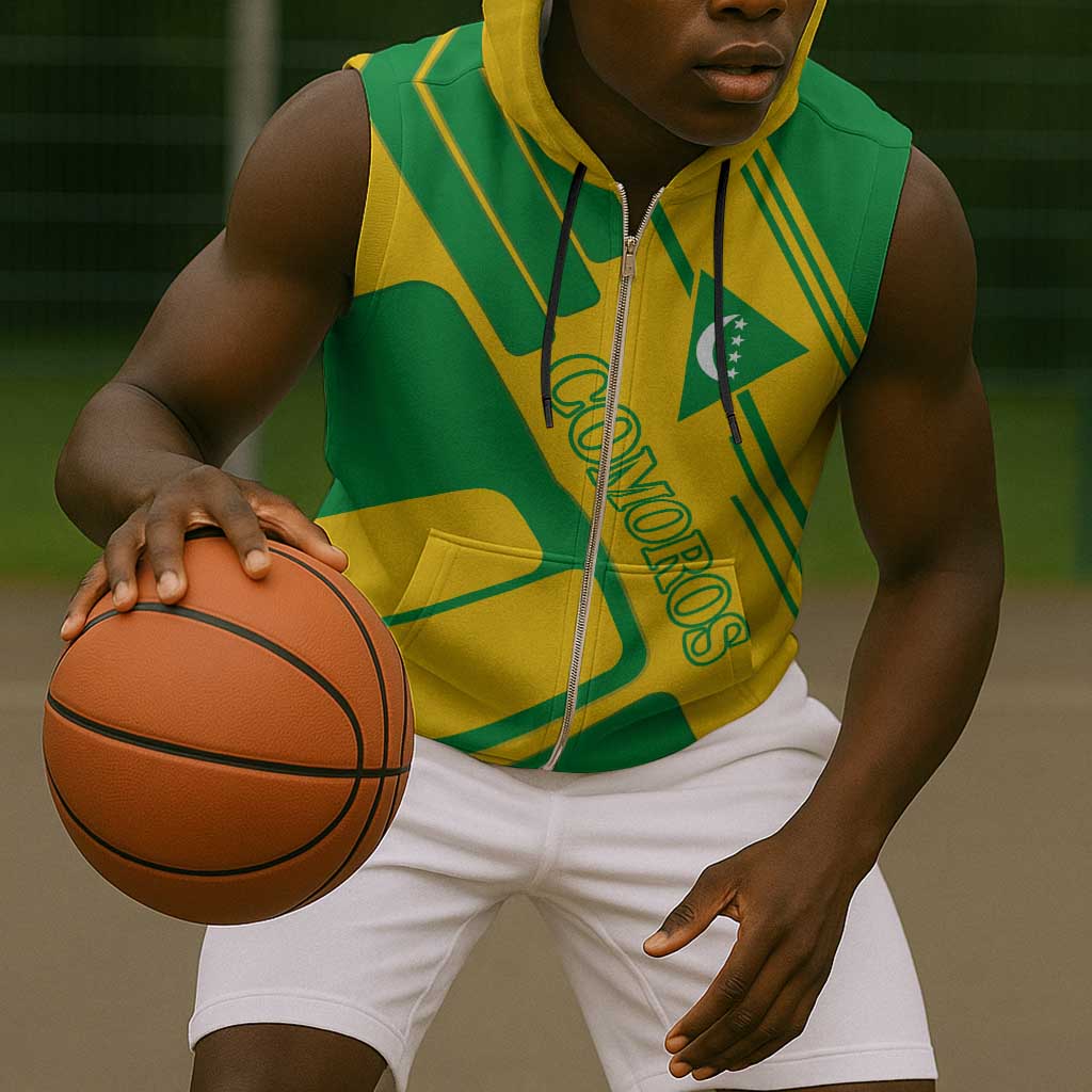 Comoros Flag Sleeveless Zip Hoodie - Green and Yellow Design and National Emblem - African Pride
