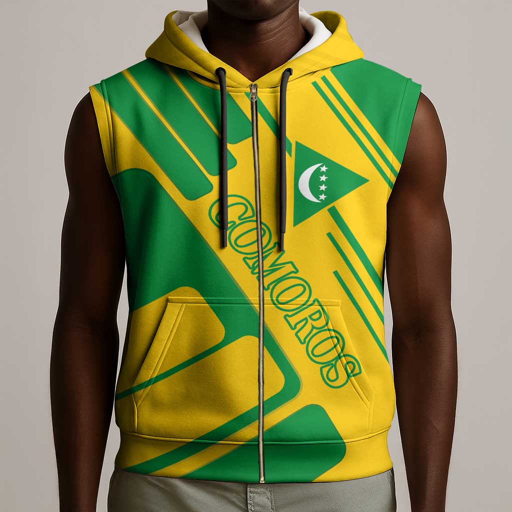 Comoros Flag Sleeveless Zip Hoodie - Green and Yellow Design and National Emblem - African Pride