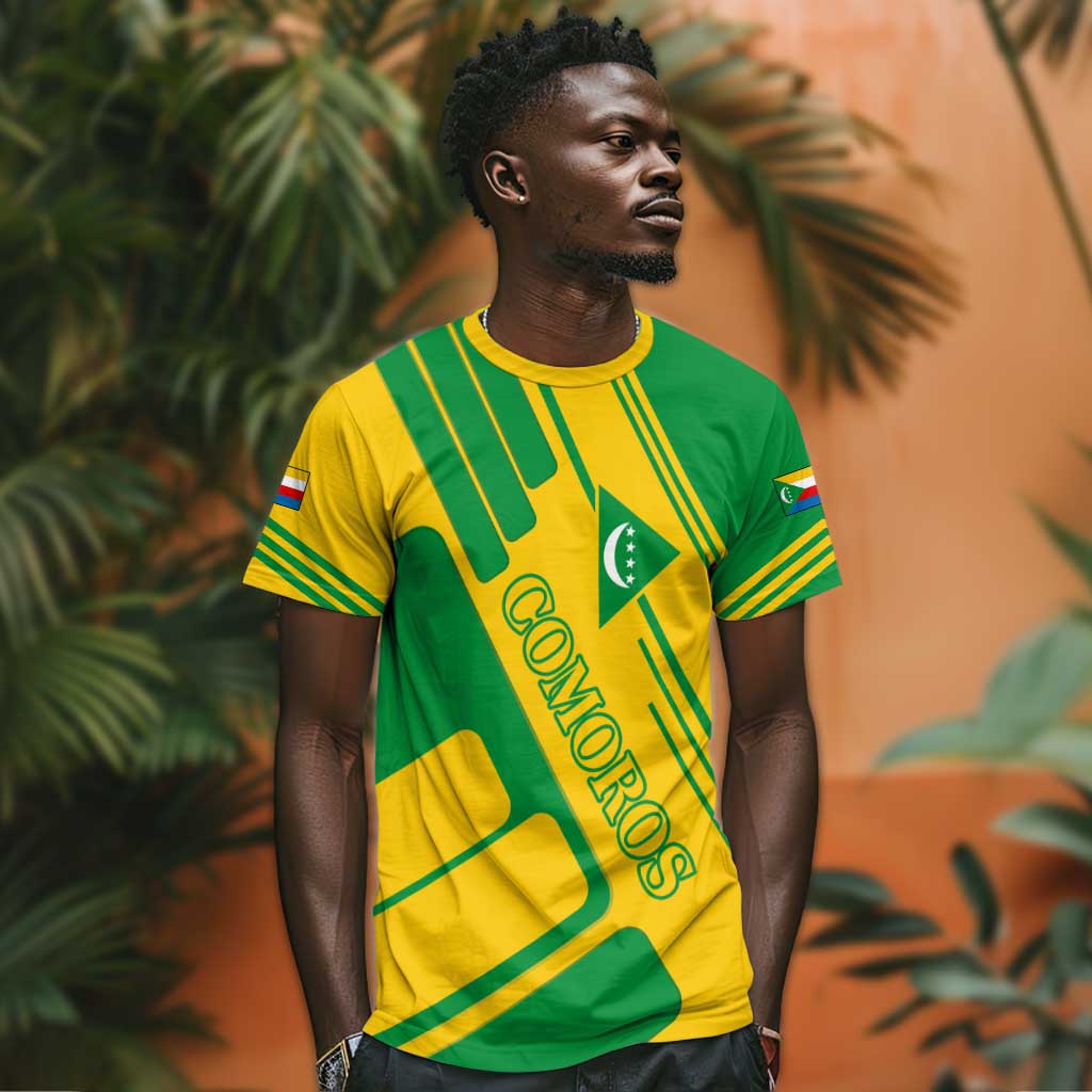 Comoros Flag T shirt - Green and Yellow Design and National Emblem