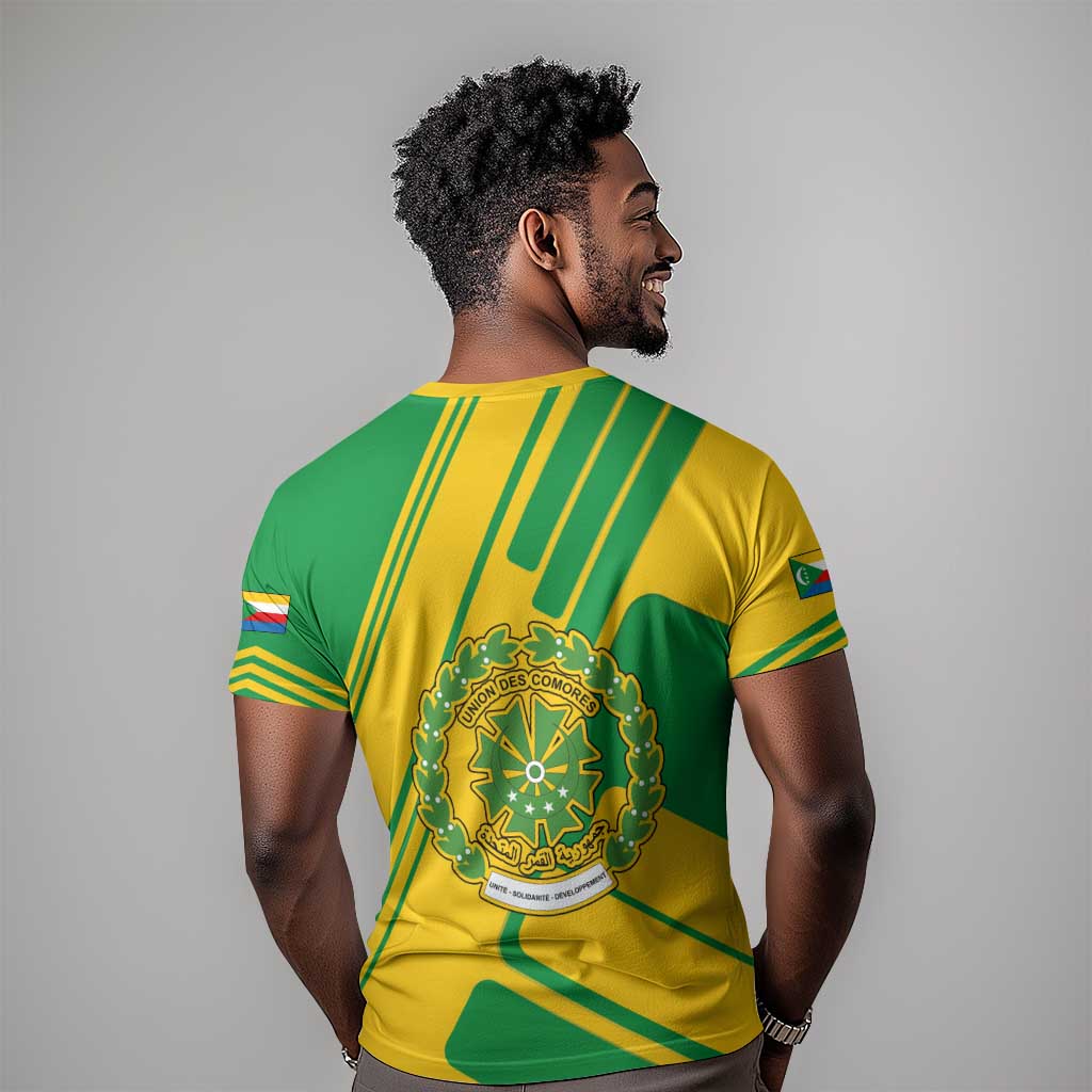 Comoros Flag T shirt - Green and Yellow Design and National Emblem