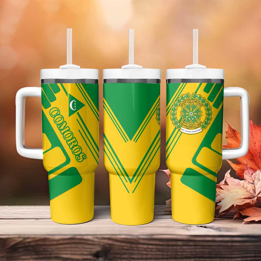Comoros Flag Tumbler With Handle - Green and Yellow Design and National Emblem