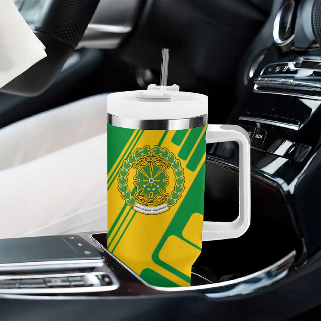 Comoros Flag Tumbler With Handle - Green and Yellow Design and National Emblem