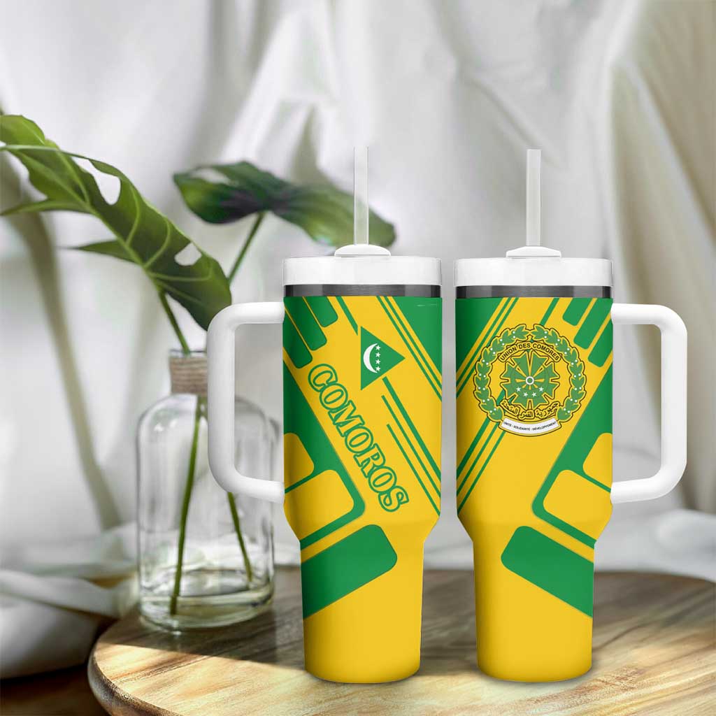 Comoros Flag Tumbler With Handle - Green and Yellow Design and National Emblem