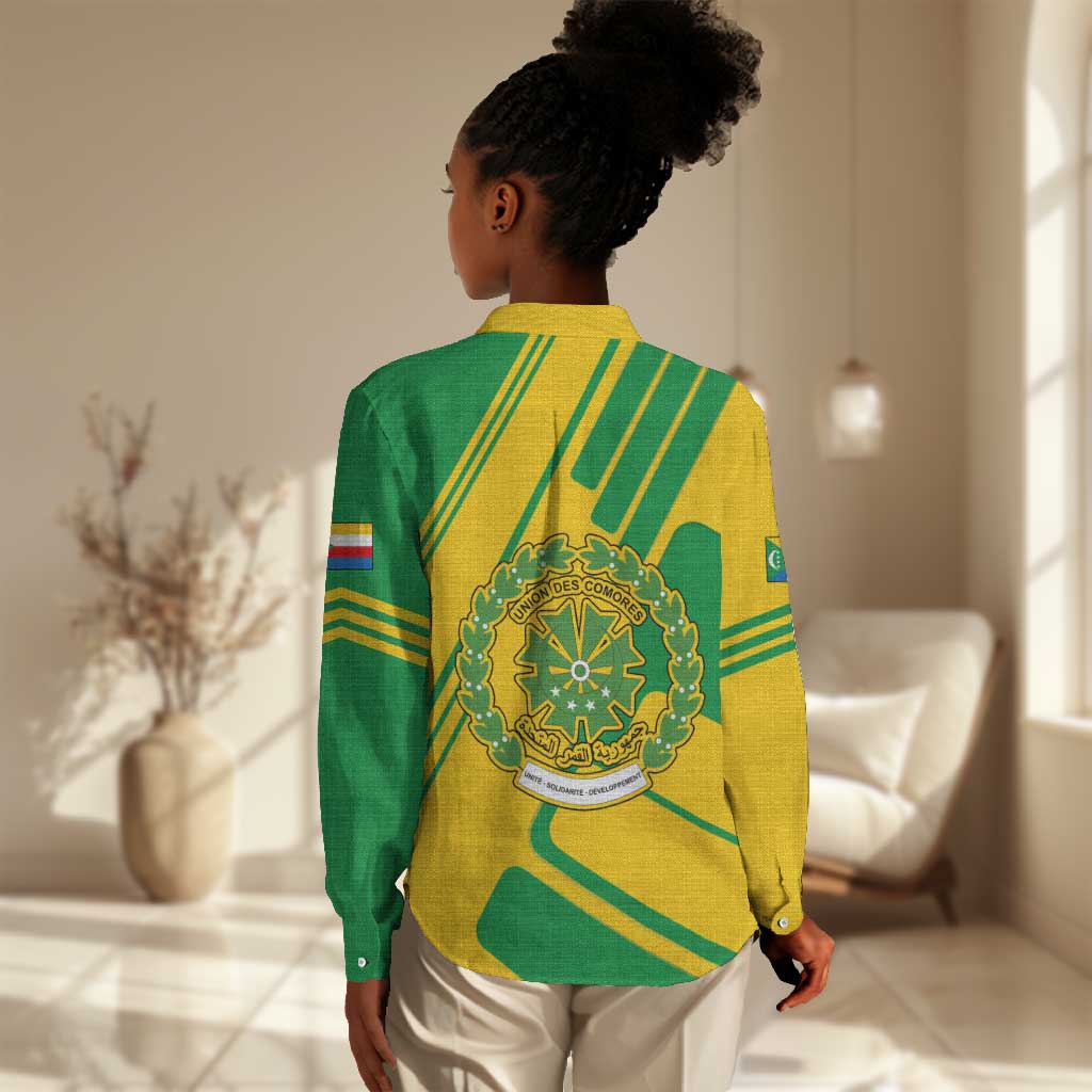 Comoros Flag Women Casual Shirt - Green and Yellow Design and National Emblem