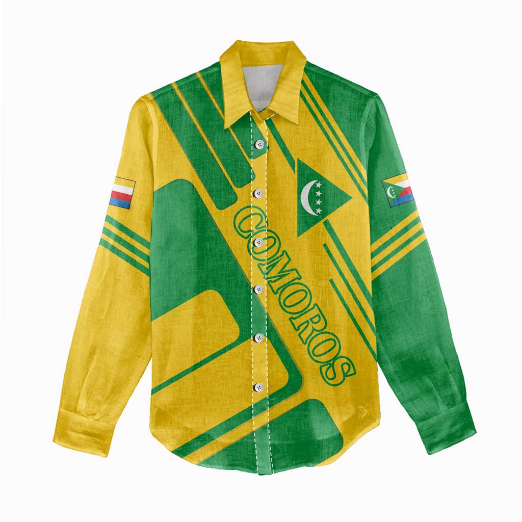 Comoros Flag Women Casual Shirt - Green and Yellow Design and National Emblem