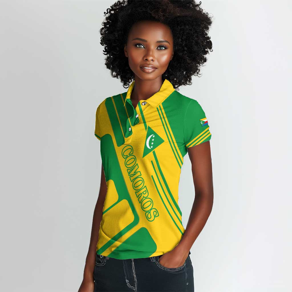 Comoros Flag Women Polo Shirt - Green and Yellow Design and National Emblem