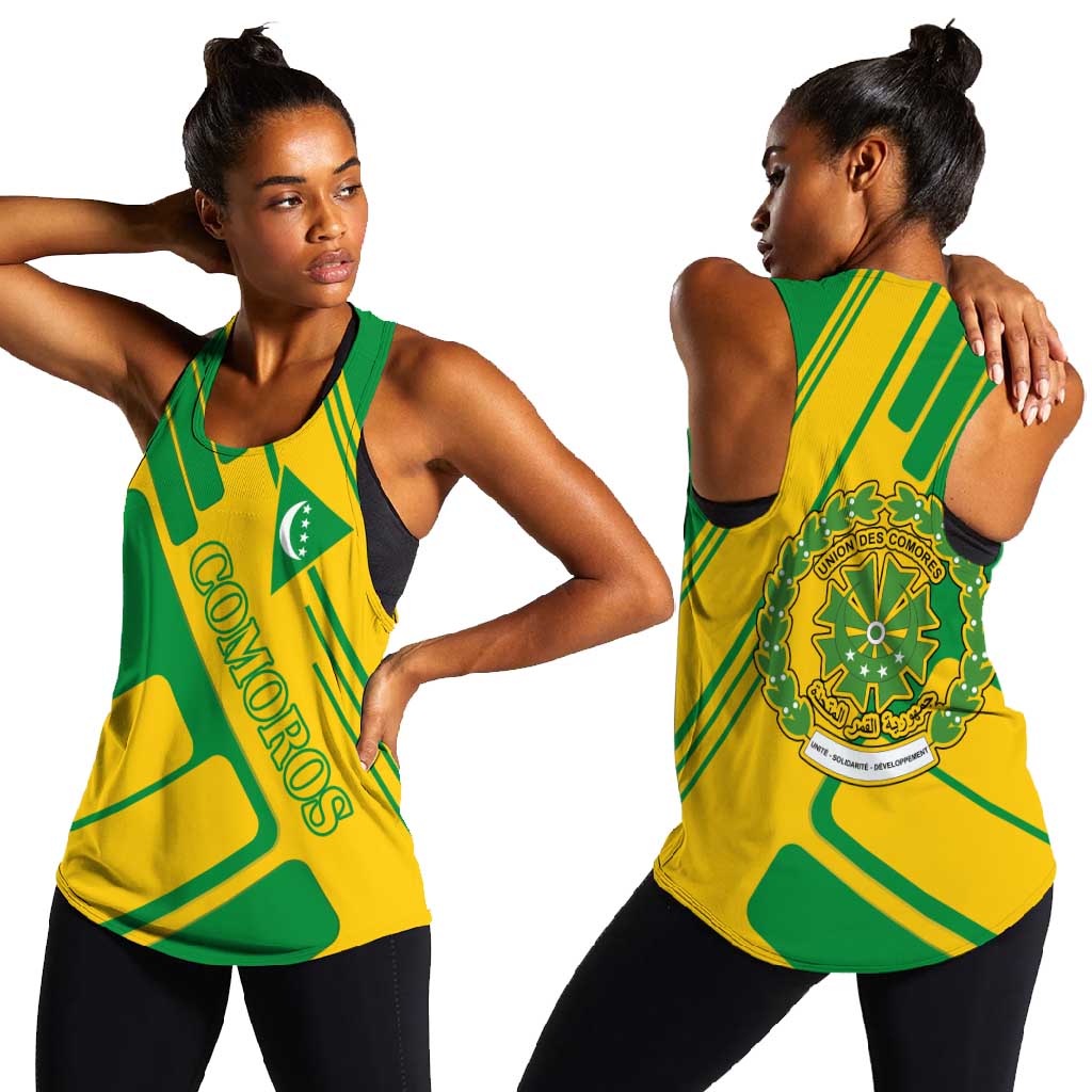 Comoros Flag Women Racerback Tank - Green and Yellow Design and National Emblem