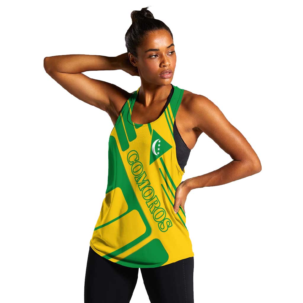 Comoros Flag Women Racerback Tank - Green and Yellow Design and National Emblem