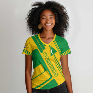 Comoros Flag Women V-Neck T-Shirt - Green and Yellow Design and National Emblem