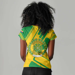 Comoros Flag Women V-Neck T-Shirt - Green and Yellow Design and National Emblem
