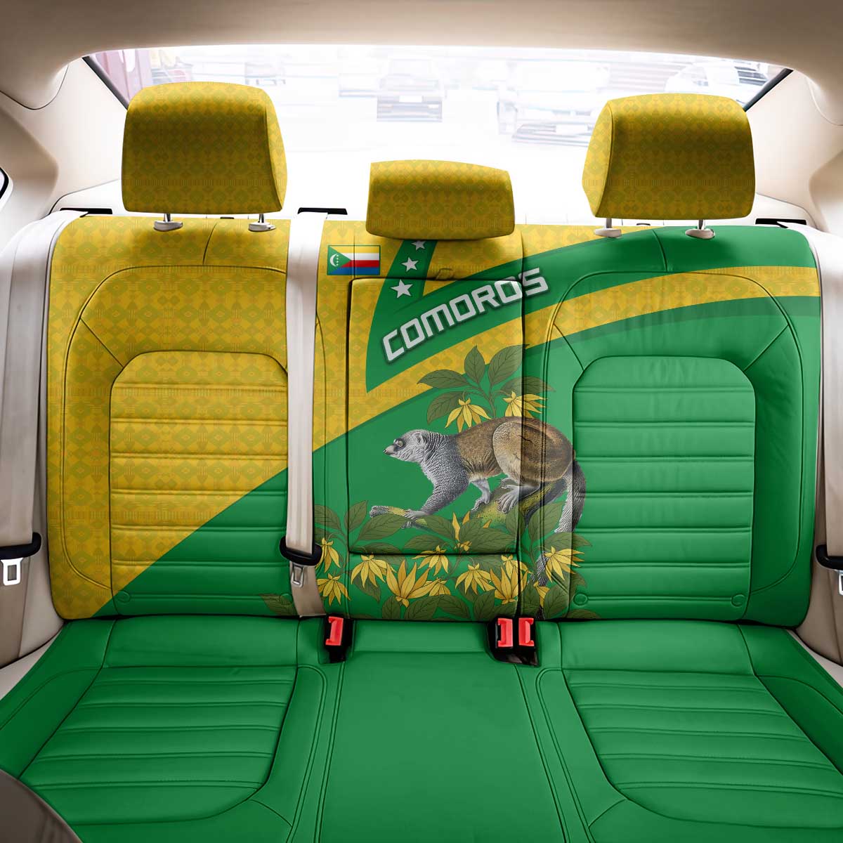 Comoros Back Car Seat Cover - National Flag Lemur Design and Ylang Ylang Flower Pattern