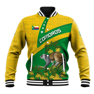 Comoros Baseball Jacket - National Flag Lemur Design and Ylang Ylang Flower Pattern
