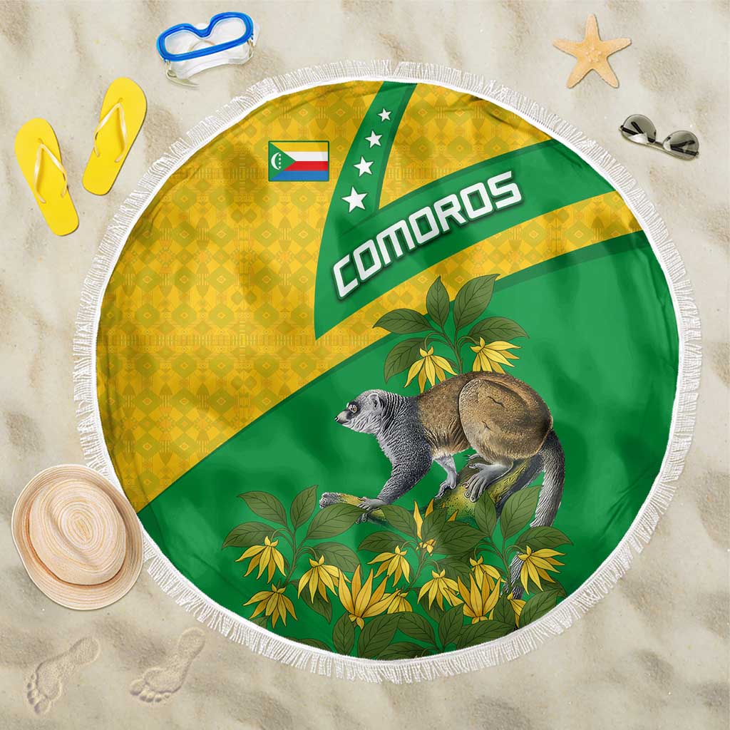 Comoros Beach Blanket - National Flag Lemur Design and Ylang Ylang Flower Pattern