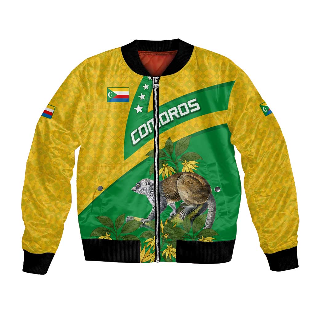 Comoros Bomber Jacket - National Flag Lemur Design and Ylang Ylang Flower Pattern