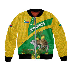 Comoros Bomber Jacket - National Flag Lemur Design and Ylang Ylang Flower Pattern