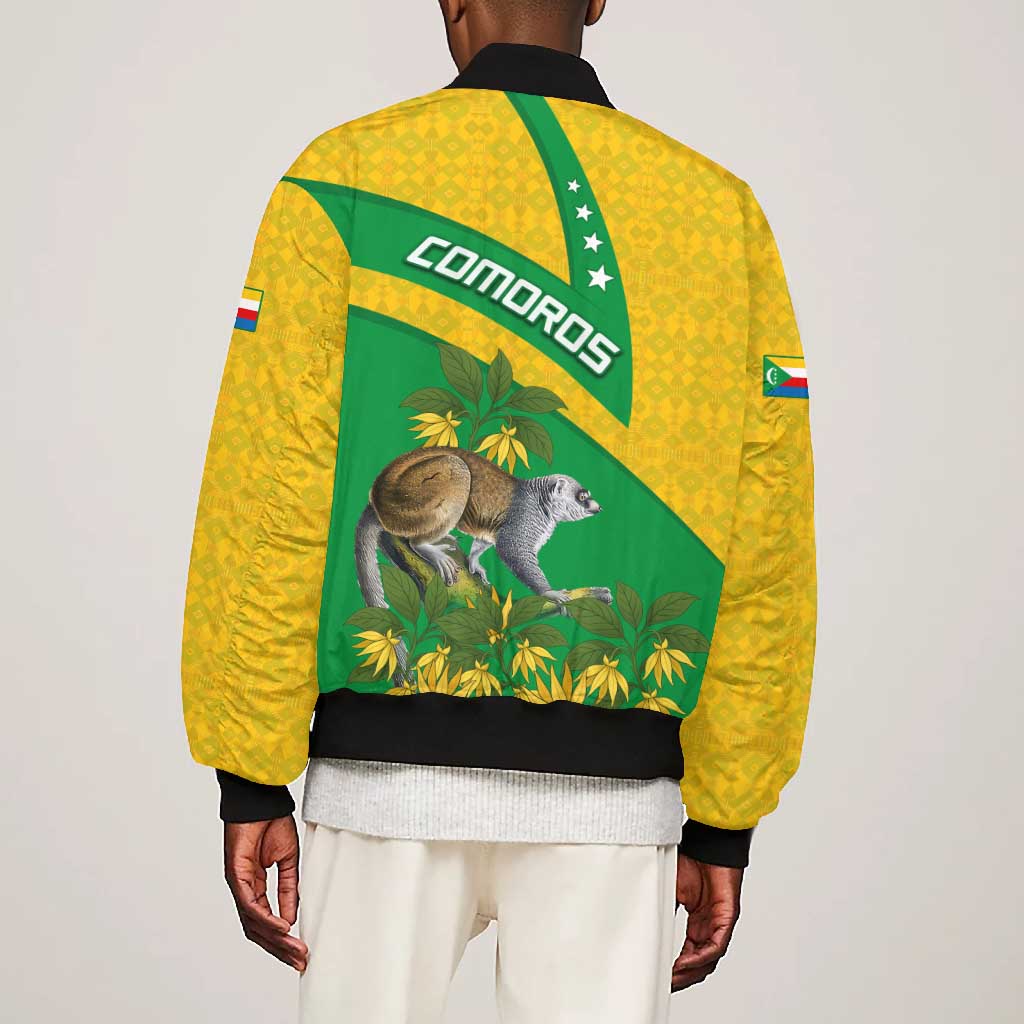Comoros Bomber Jacket - National Flag Lemur Design and Ylang Ylang Flower Pattern