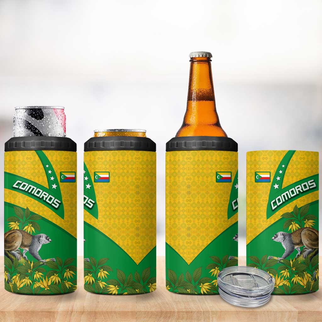 Comoros 4 in 1 Can Cooler Tumbler - National Flag Lemur Design and Ylang Ylang Flower Pattern