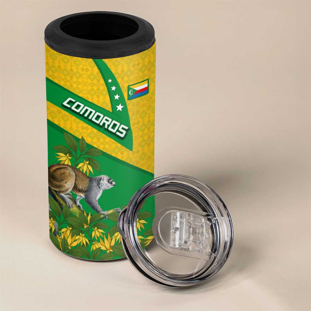 Comoros 4 in 1 Can Cooler Tumbler - National Flag Lemur Design and Ylang Ylang Flower Pattern