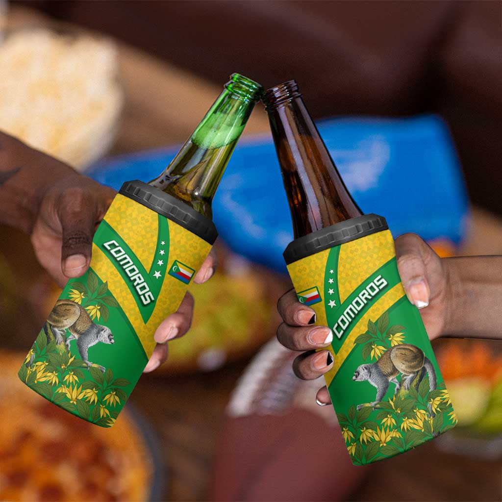 Comoros 4 in 1 Can Cooler Tumbler - National Flag Lemur Design and Ylang Ylang Flower Pattern