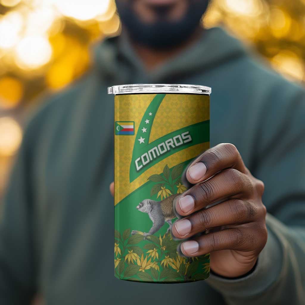 Comoros 4 in 1 Can Cooler Tumbler - National Flag Lemur Design and Ylang Ylang Flower Pattern