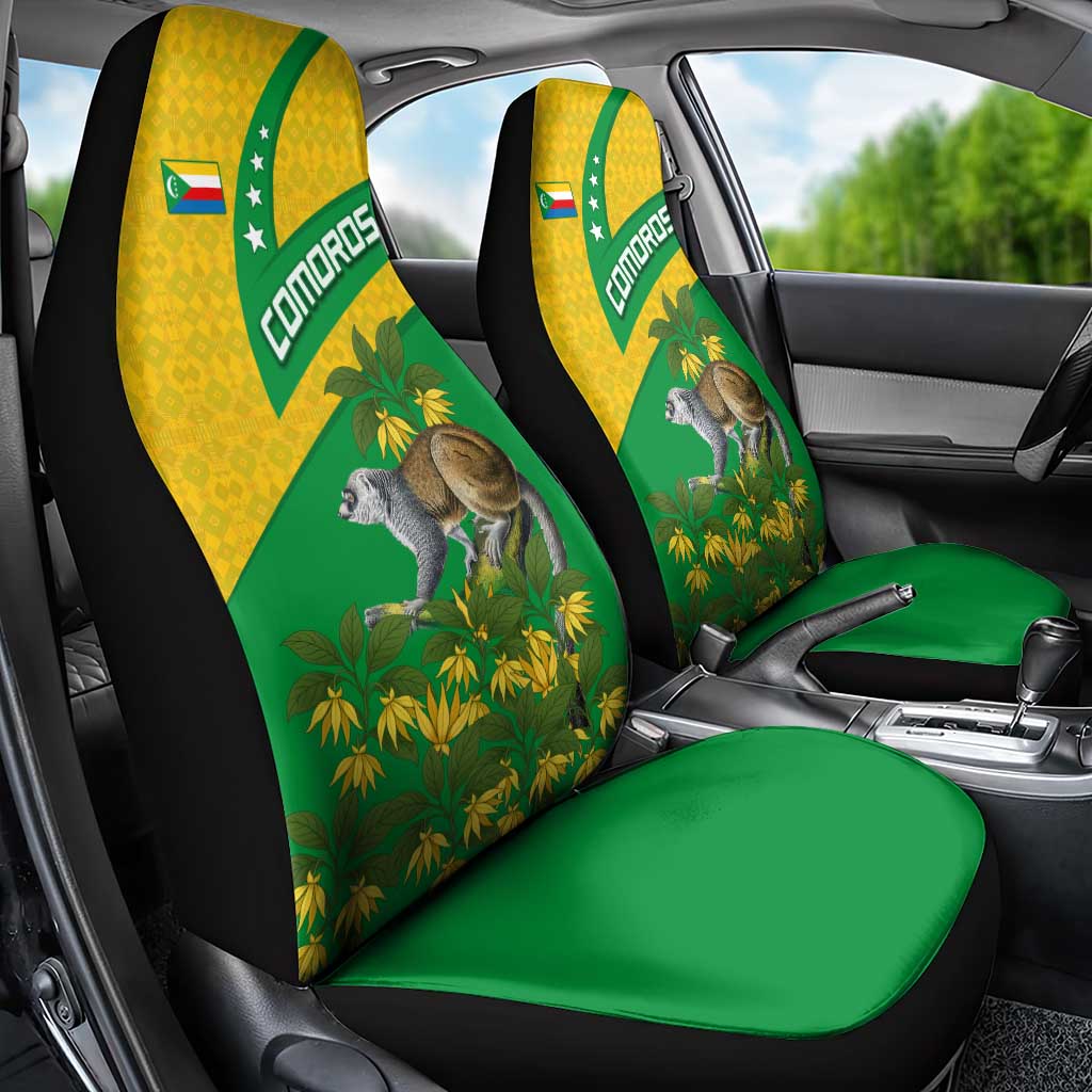Comoros Car Seat Cover - National Flag Lemur Design and Ylang Ylang Flower Pattern