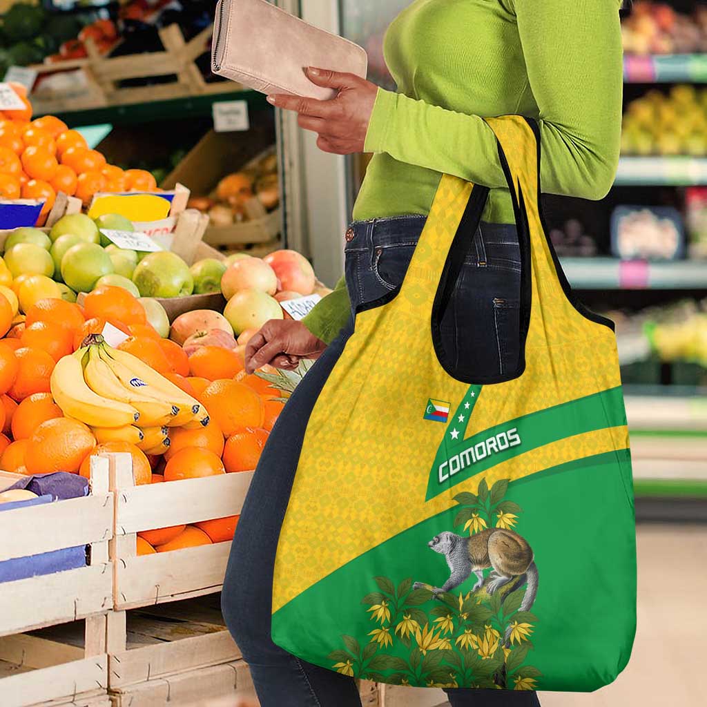 Comoros Grocery Bag - National Flag Lemur Design and Ylang Ylang Flower Pattern