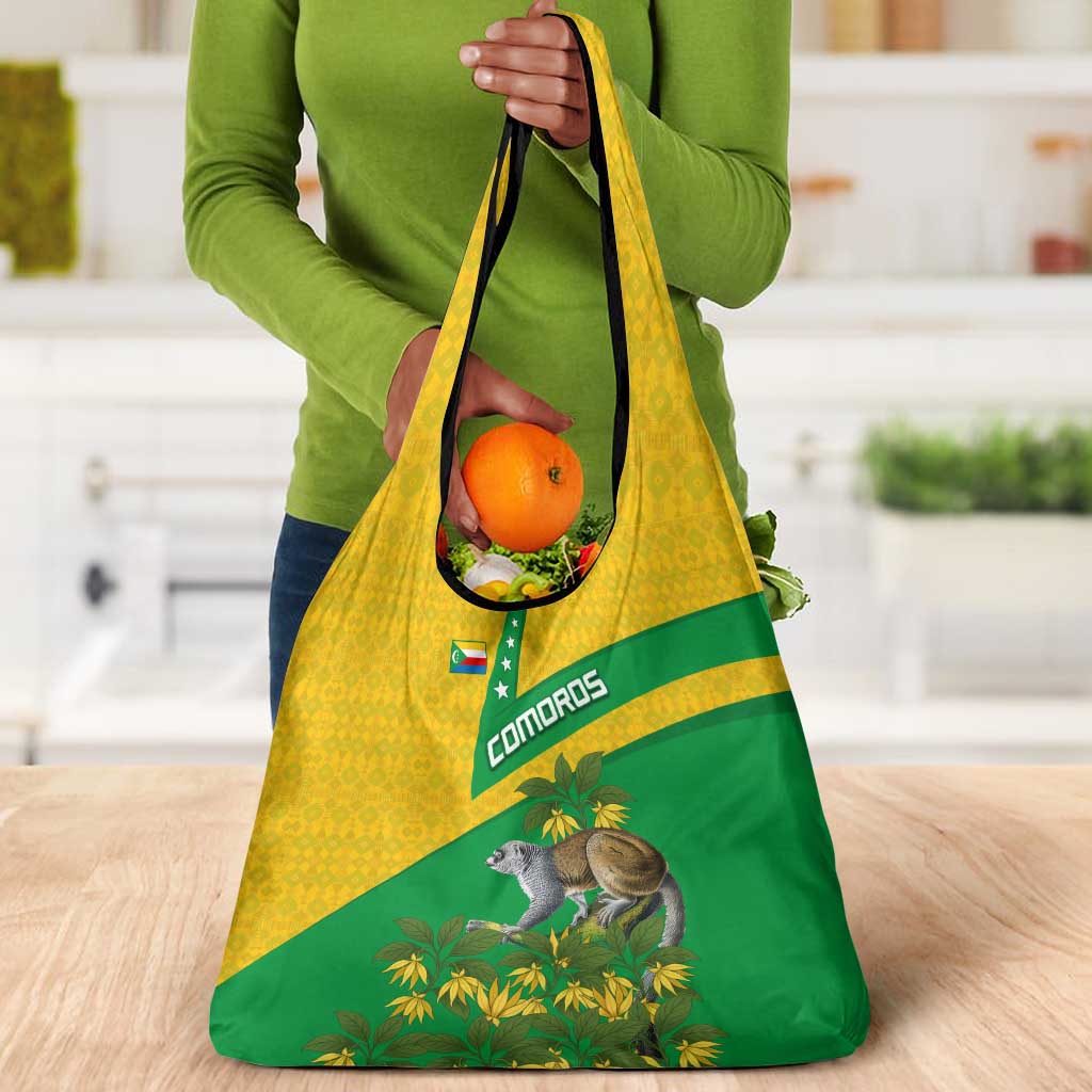Comoros Grocery Bag - National Flag Lemur Design and Ylang Ylang Flower Pattern