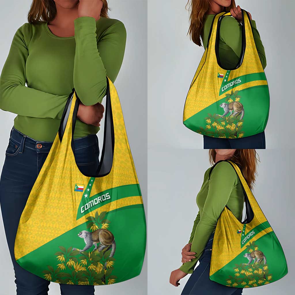 Comoros Grocery Bag - National Flag Lemur Design and Ylang Ylang Flower Pattern