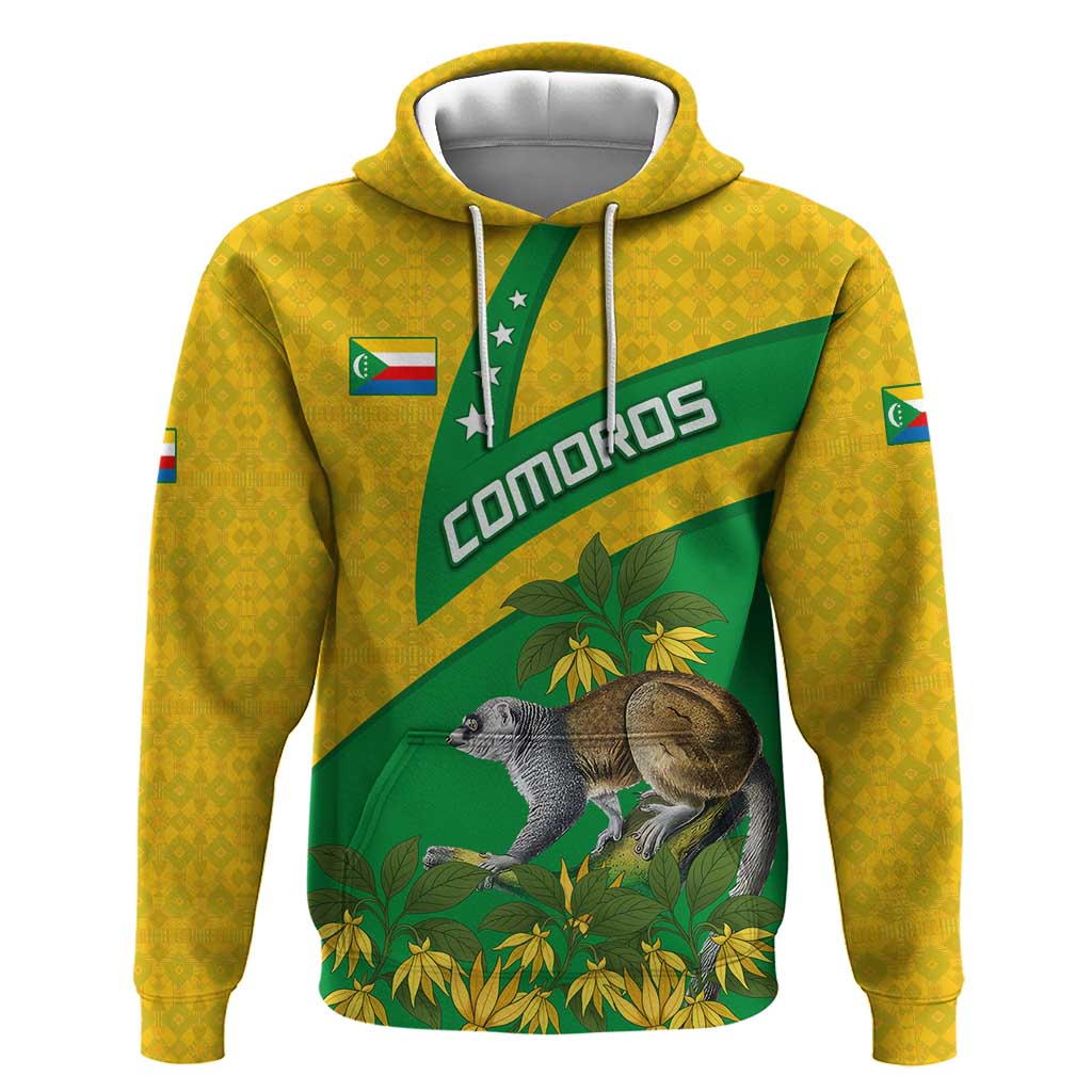 Comoros Hoodie - National Flag Lemur Design and Ylang Ylang Flower Pattern